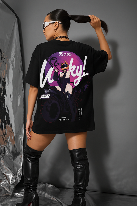 LUCKY CATWOMAN OVERSIZED BLACK GRAPHIC T-SHIRT – ANIME STREETWEAR FASHION