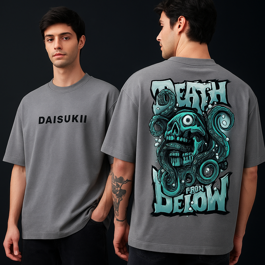 OCTOPUS SKULL | DEATH FROM BELOW | GREY | OVERSIZED GRAPHIC T-SHIRT